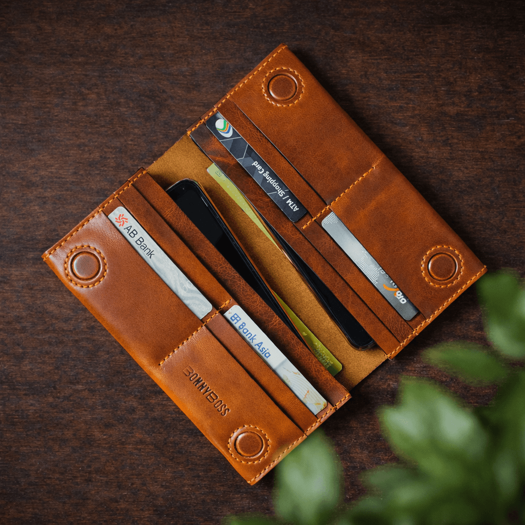 Handcrafted Full-Grain Leather Long Wallet – Cognac Brown – BonnyBoss
