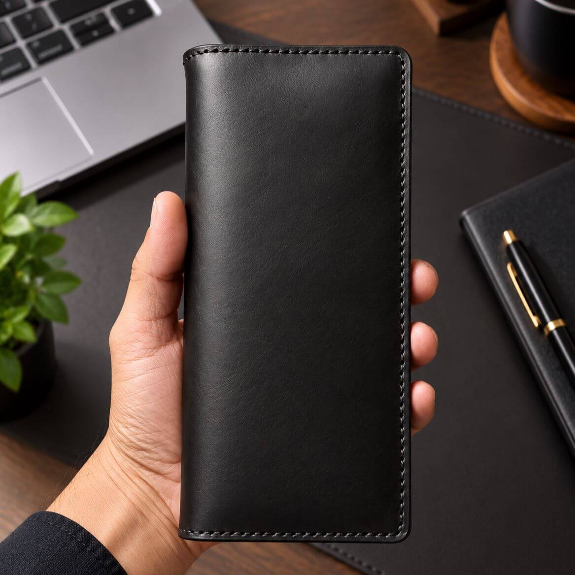Black handmade leather long wallet on a modern office desk with laptop, coffee and pen