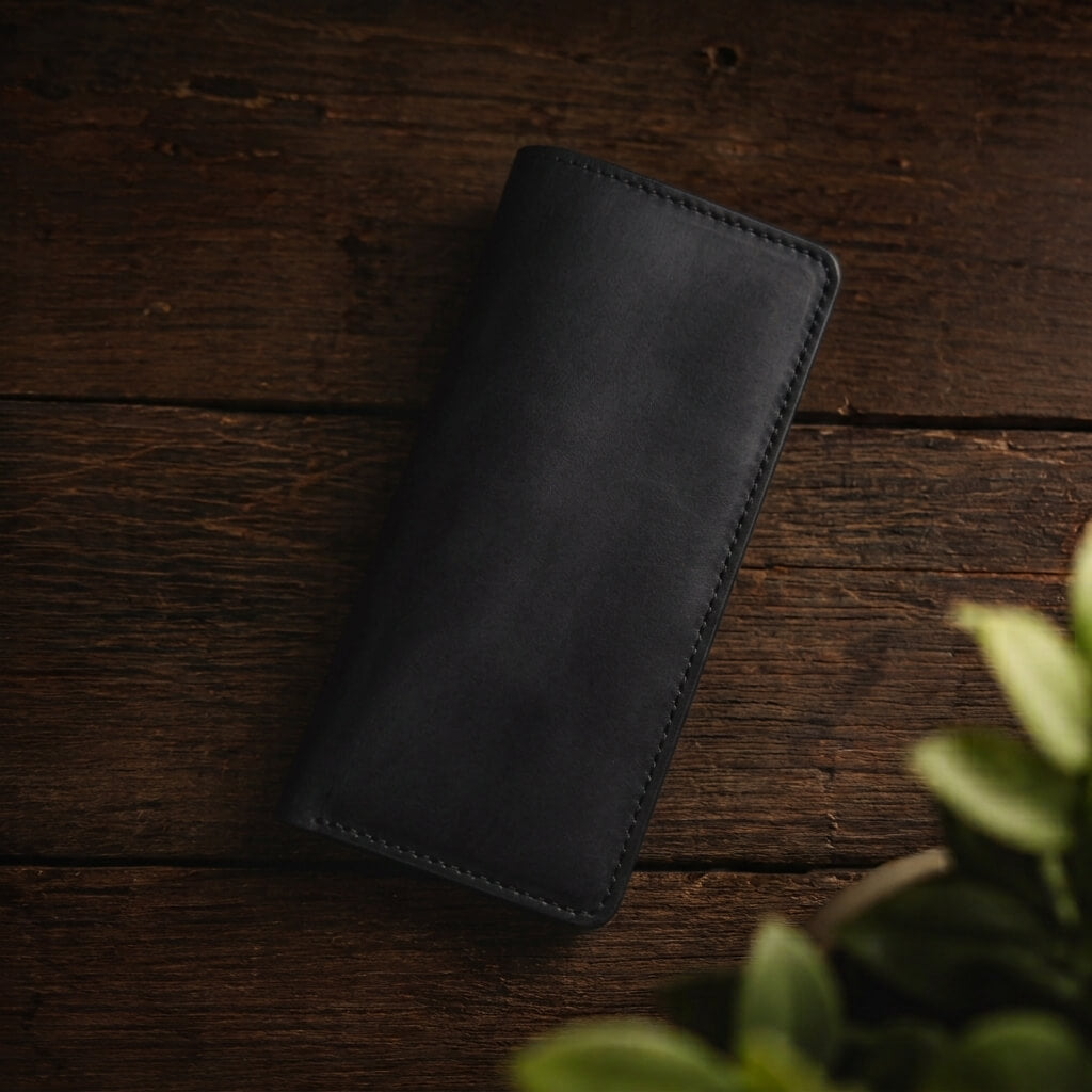 Handmade black leather long wallet on vintage wooden background