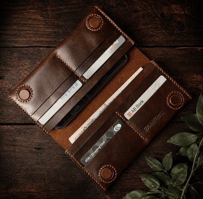 Handmade Premium Full-Grain Leather Long Wallet with Phone Pocket - Vintage Brown