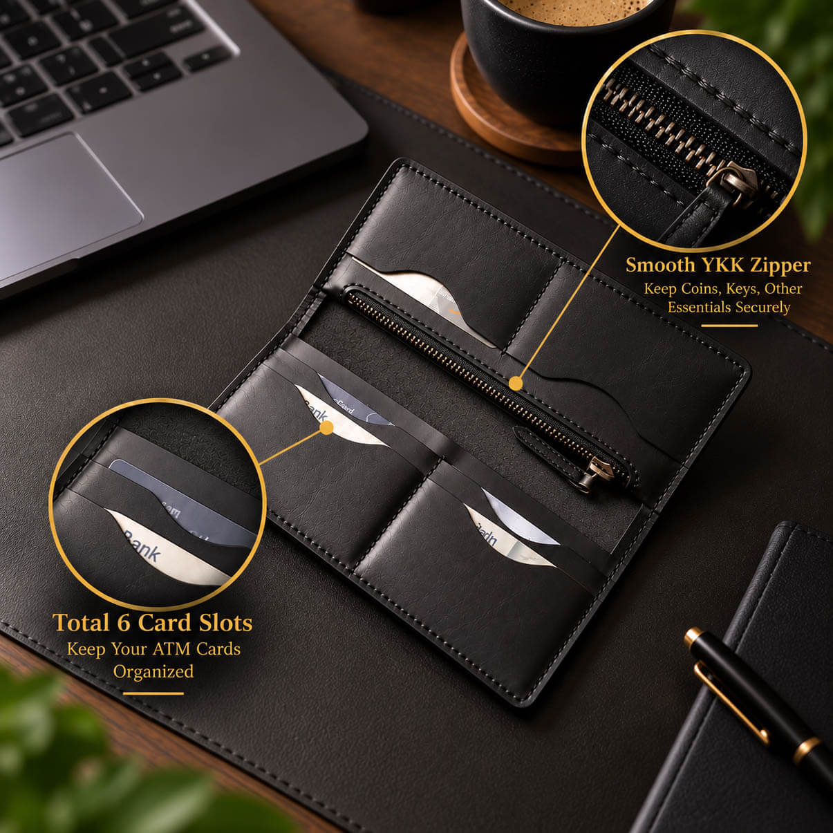 Black handmade leather long wallet interior showing card slots, zipper pocket and three cash compartments