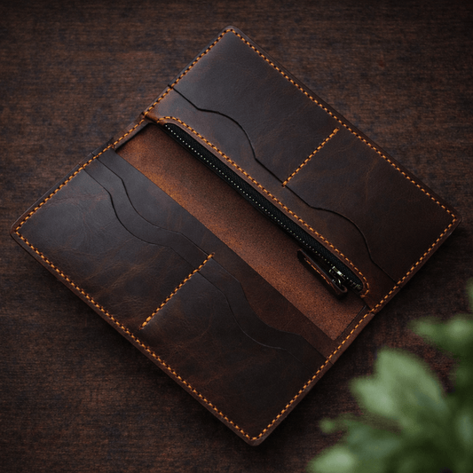 Handmade Full-Grain Leather Long Wallet for Men – Bold Craftsmanship with Zipper Coin Pocket