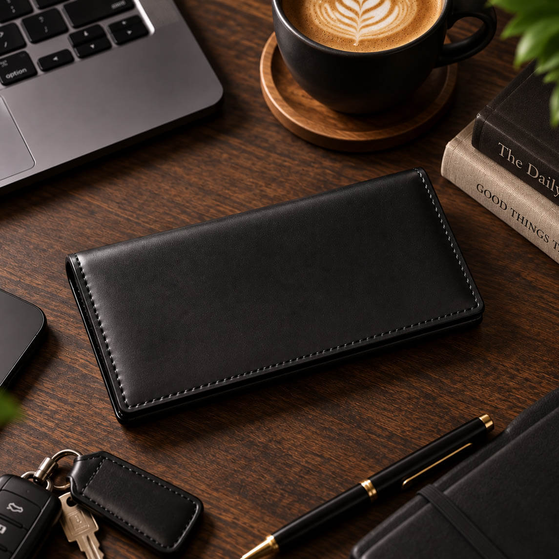 Black handmade leather long wallet on a modern office desk with laptop, coffee and pen