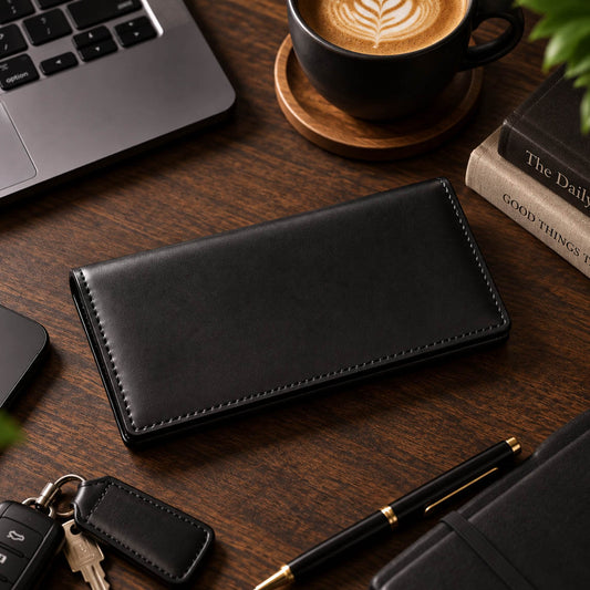 Black handmade leather long wallet on a modern office desk with laptop, coffee and pen