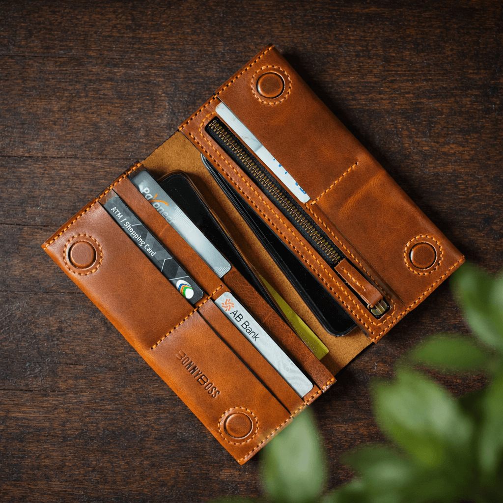 Handmade Full-Grain Leather Long Wallet for Men – Zipper Coin Pocket