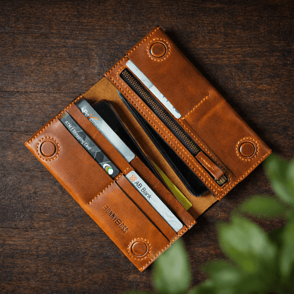 Handmade Full-Grain Leather Long Wallet for Men – Zipper Coin Pocket