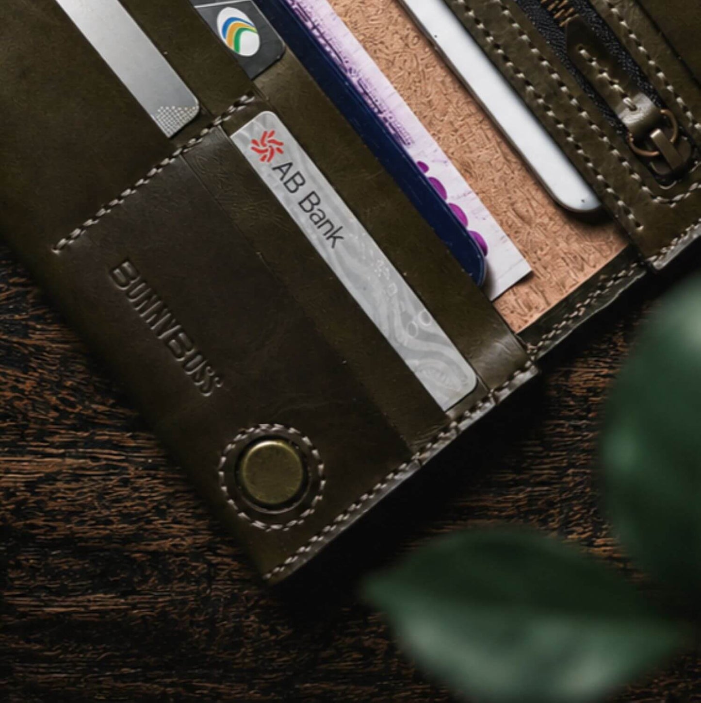 Handcrafted Dark Olive Green Full Grain Leather Long Wallet - Hand Saddle Stitched