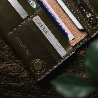 Handcrafted Dark Olive Green Full Grain Leather Long Wallet - Hand Saddle Stitched