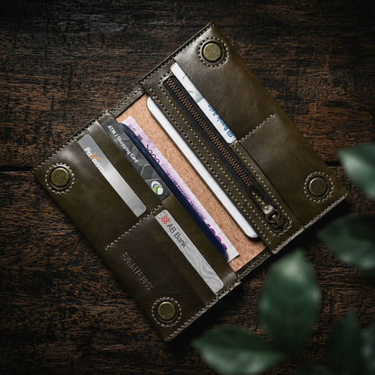 Handcrafted Dark Olive Green Full Grain Leather Long Wallet - Hand Saddle Stitched