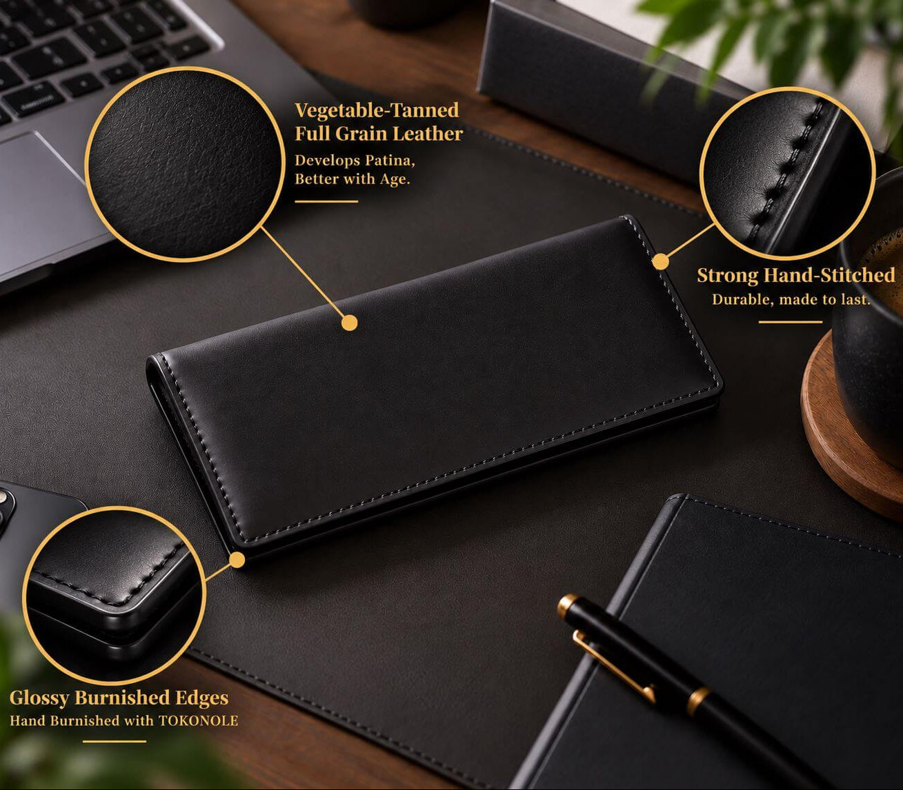 Black handmade full grain leather long wallet showing hand stitching, burnished edges and leather texture
