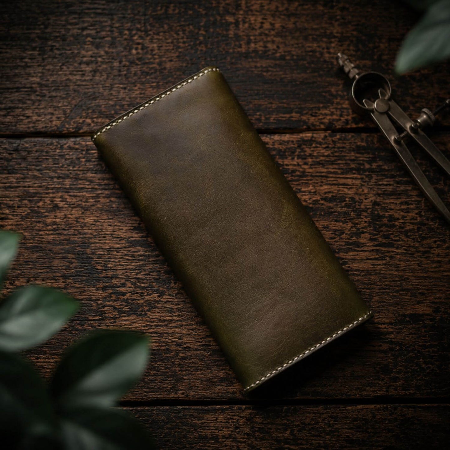 Handcrafted Dark Olive Green Full Grain Leather Long Wallet - Hand Saddle Stitched