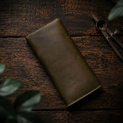 Handcrafted Dark Olive Green Full Grain Leather Long Wallet - Hand Saddle Stitched