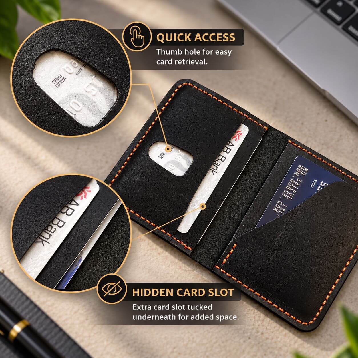Black leather card holder with thumb hole for quick and easy card access