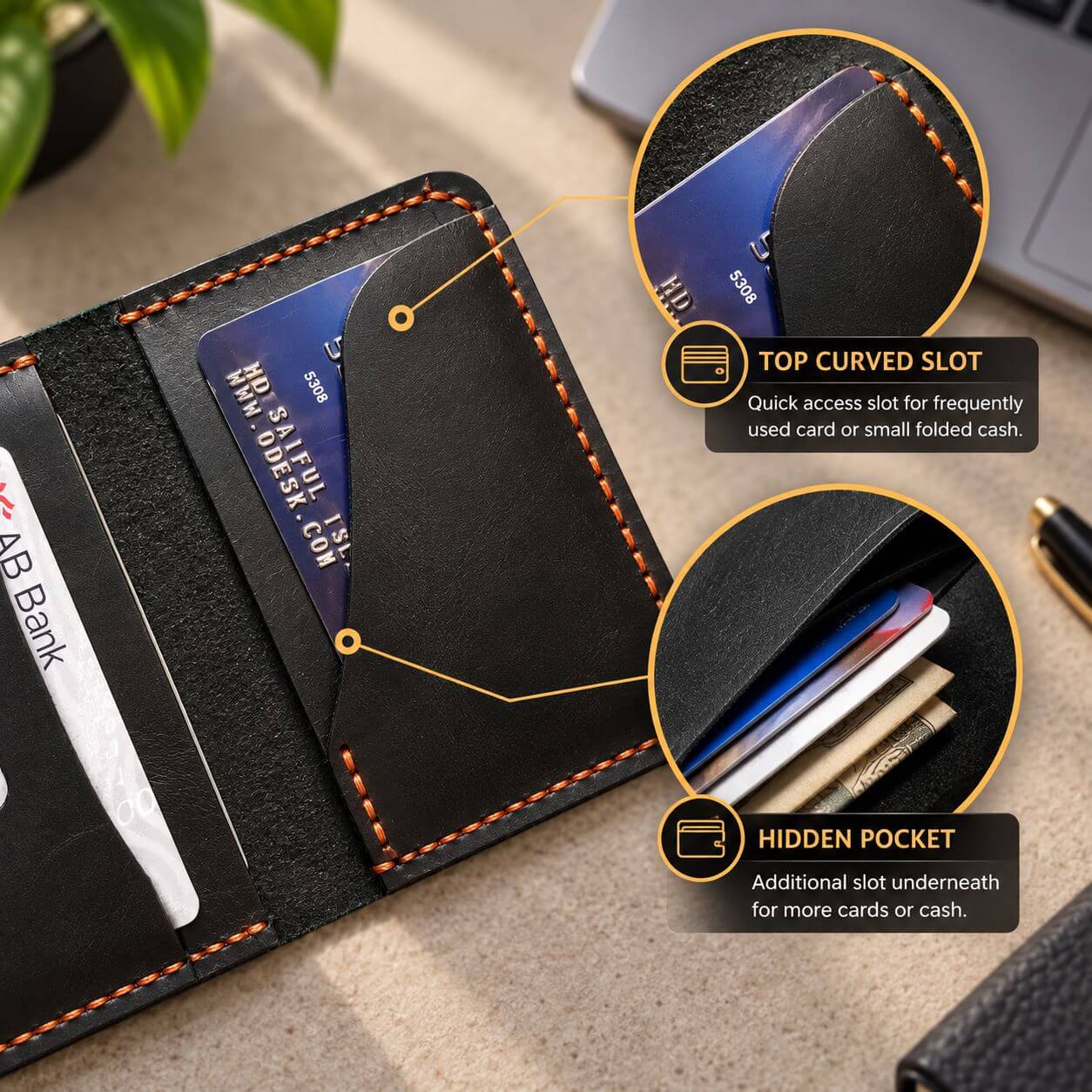 Black leather card holder with curved quick access slot for card or folded cash