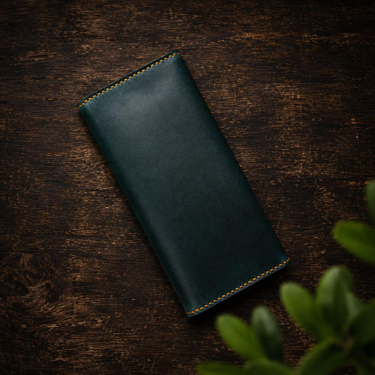 Handmade Full-Grain Leather Long Wallet – Teal Green with Zipper Coin Pocket