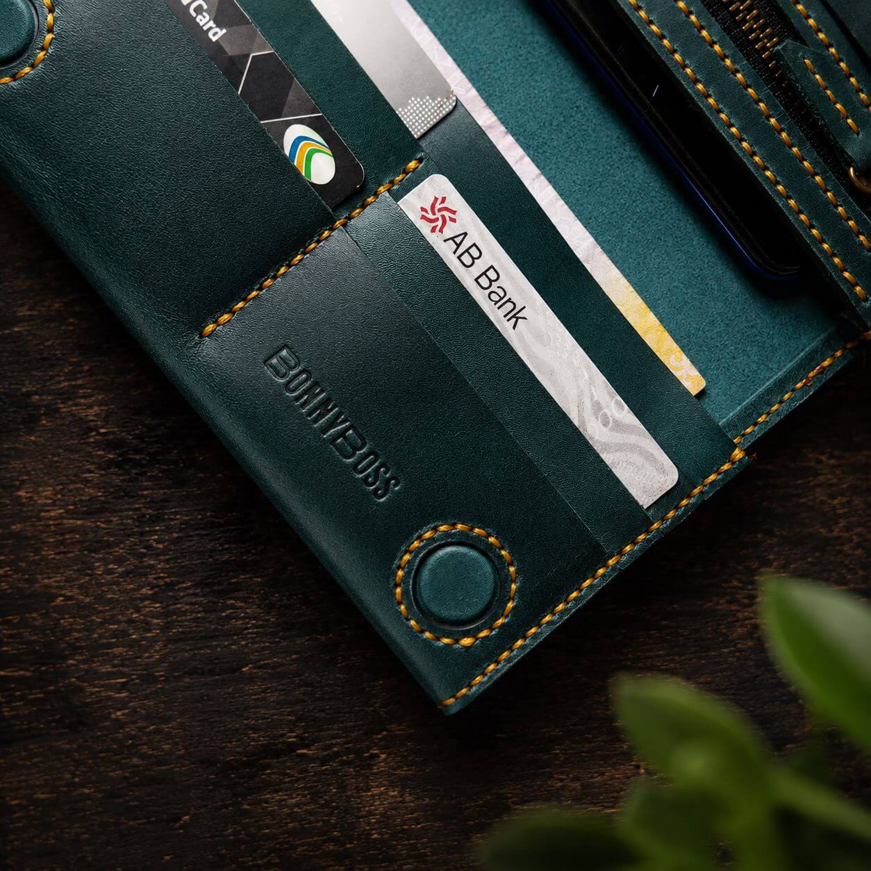 Handmade Full-Grain Leather Long Wallet – Teal Green with Zipper Coin Pocket