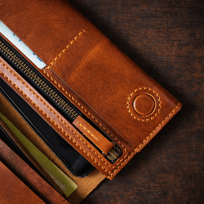 Handmade Full-Grain Leather Long Wallet for Men – Zipper Coin Pocket