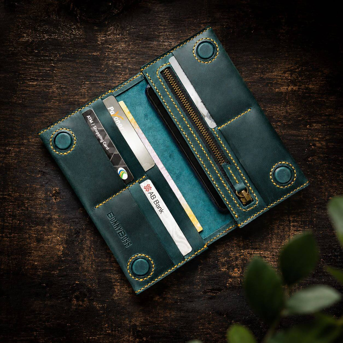 Handmade Full-Grain Leather Long Wallet – Teal Green with Zipper Coin Pocket