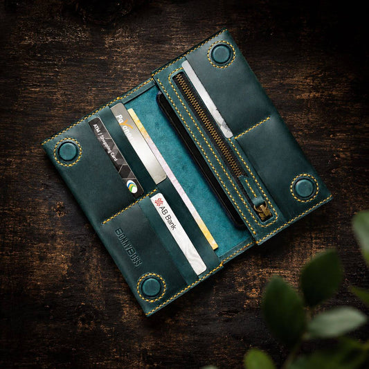 Handmade Full-Grain Leather Long Wallet – Teal Green with Zipper Coin Pocket
