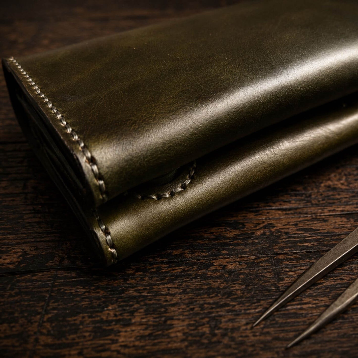 Handcrafted Dark Olive Green Full Grain Leather Long Wallet - Hand Saddle Stitched