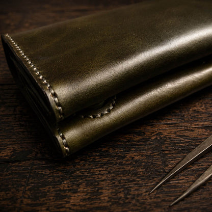 Handcrafted Dark Olive Green Full Grain Leather Long Wallet - Hand Saddle Stitched