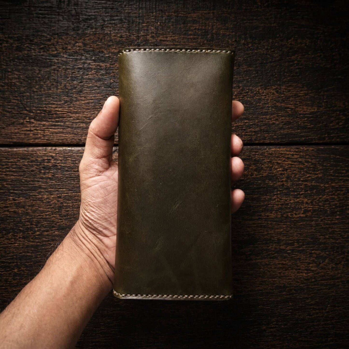 Handcrafted Dark Olive Green Full Grain Leather Long Wallet - Hand Saddle Stitched