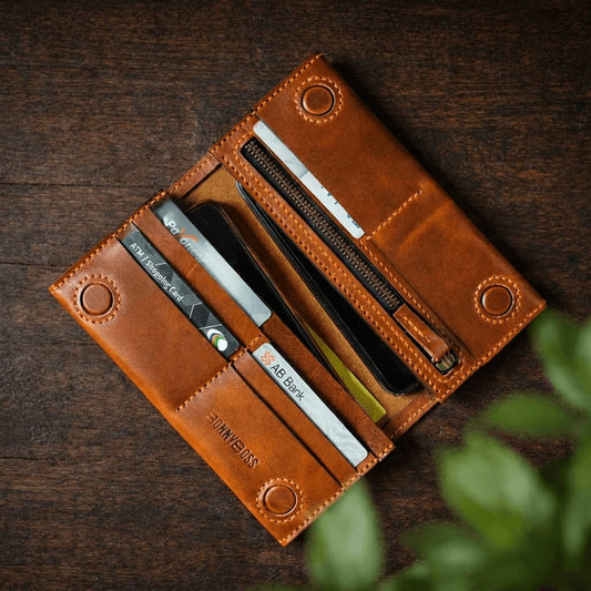 Handmade Full-Grain Leather Long Wallet for Men – Zipper Coin Pocket